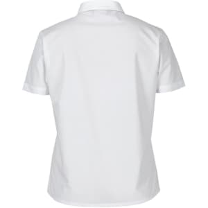A white short-sleeved button-up shirt featuring a double-layered design and a collar, with a logo on the fabric.