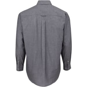 A long-sleeved light blue button-up shirt with a back yoke and a logo. Plain design with buttoned cuffs.