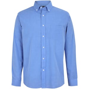 A light blue button-up shirt with long sleeves and a single chest pocket, featuring a collar and buttons.