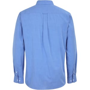A light blue long-sleeve button-up shirt with a back pleat and button cuffs, featuring a logo.
