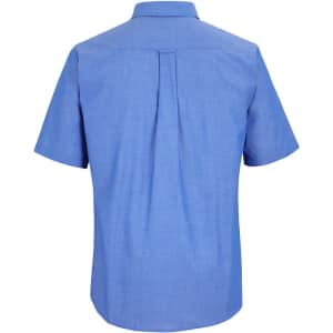 A short-sleeved indigo chambray shirt featuring a back pleat and a collar, with a subtle logo.