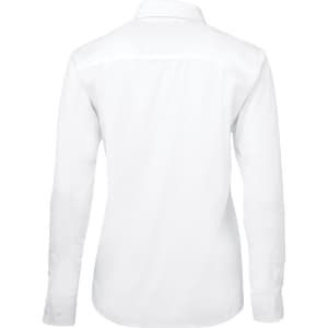 A white long-sleeve poplin shirt for ladies, featuring a back view with a smooth finish and collar.