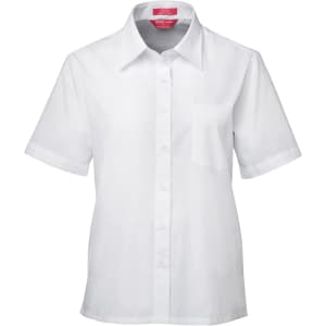 A white short-sleeve button-up shirt with a left chest pocket and collar, featuring a logo.