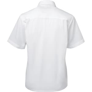 A white short-sleeved button-up shirt, featuring a classic collar and a logo on the back.