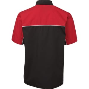 A black and red button-up shirt featuring a contrasting back design and a logo.