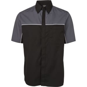 A black and grey short-sleeve button-up shirt with a pocket and a small logo.