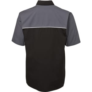 A black and grey button-up shirt with short sleeves and a contrasting yoke design, featuring a logo.