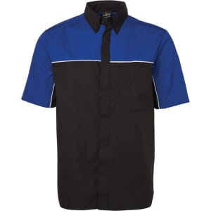 A black and blue button-up shirt with a pocket and contrasting white trim, featuring a logo.
