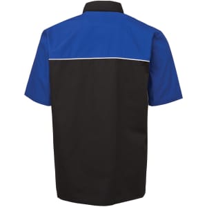 A black and blue button-up shirt with a contrasting design and a logo on the back.