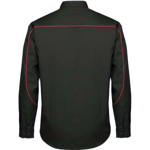 A black long-sleeve button-up shirt featuring red piping along the seams and a simple collar design.