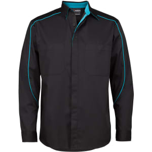 A black button-up shirt featuring contrasting turquoise detailing and two chest pockets. It has a logo on the label.