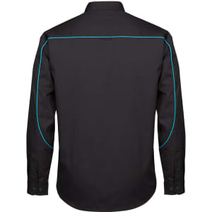 A black long-sleeve button-up shirt with blue piping and a logo on the back.