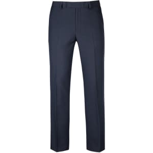 A pair of dark navy trousers featuring a sleek, straight leg design and a logo on the waistband.