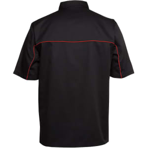 A black and charcoal button-up shirt featuring red piping and a logo on the back.