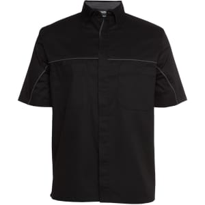 A black and charcoal button-up shirt featuring two front pockets and contrast stitching, with a logo on the collar.