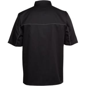 A button-up shirt in black and charcoal, featuring a logo and short sleeves, shown from the back.