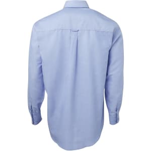A long-sleeve light blue Oxford shirt with a button-up design and a logo on the back.