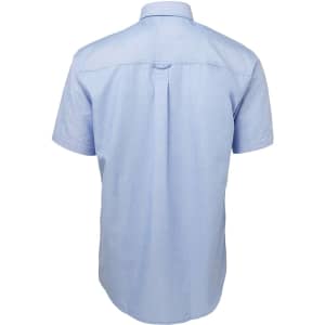 A light blue short-sleeve Oxford shirt with a back pleat and a logo on the label.