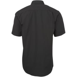 A black button-up shirt with short sleeves and a plain back. It features a logo on the back neckline.