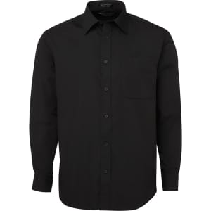 A black button-up shirt with a pocket and a collar. It features a full button placket and long sleeves.