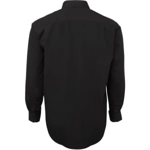 A black button-up shirt with long sleeves and a classic collar. The back view is displayed, featuring a smooth finish.