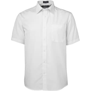 A white short-sleeve button-up shirt featuring a single chest pocket and a logo.