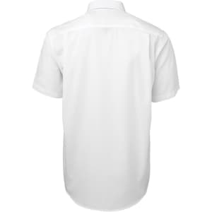 A plain white button-up shirt featuring a back view and a collar. The shirt has a logo.