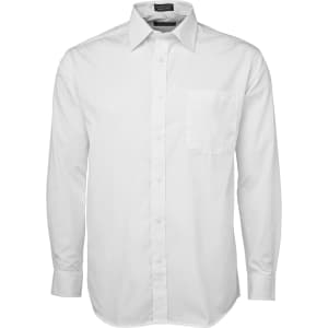 A plain white button-up shirt with long sleeves and a single chest pocket, featuring a branding logo.
