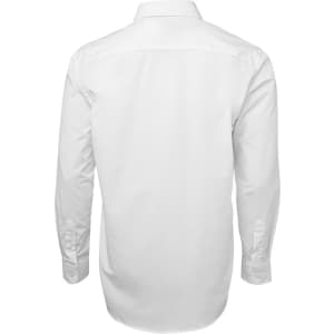 A white button-up shirt with long sleeves and a collar, featuring a logo on the back.
