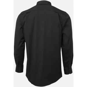 A black long-sleeve button-up shirt with a simple design and a logo on the back.