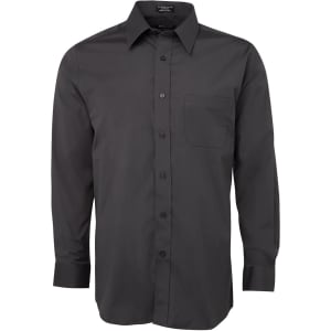 A black long-sleeve poplin button-up shirt with a pocket and a collar, featuring a logo.