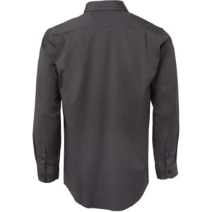 A black long-sleeved button-up shirt with a back view and a logo on the fabric.