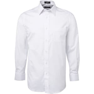 A white long-sleeve button-up shirt with a chest pocket and a collar. The shirt features a branding logo.