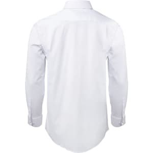 A black long-sleeve poplin shirt with a button-up front and a logo on the back.