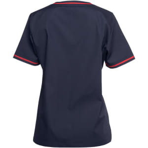 A navy scrub top featuring short sleeves with contrasting red trim and a logo on the back.