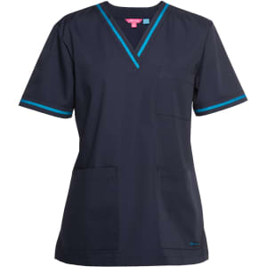 A navy scrub top with contrasting teal trim and a pocket, featuring short sleeves and a V-neckline.