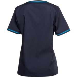 A navy scrub top featuring short sleeves and contrasting blue trim, with a logo on the back.