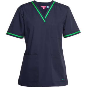 A navy scrubs top with green contrast trim, featuring a V-neck and front pockets. Includes a logo on the design.