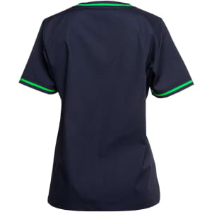 A navy scrubs top featuring green contrast trim and a logo, shown from the back.
