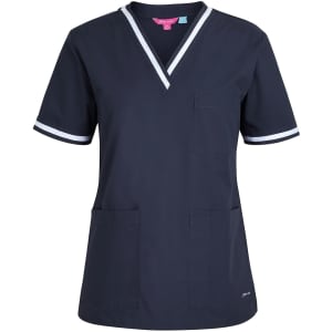 Navy scrub top featuring a V-neck design, short sleeves, and white contrast stripes, with pockets and a logo.