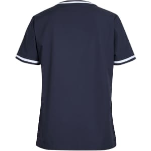 A navy scrub top with white contrast stripes on the sleeves, featuring a simple design and a back view.