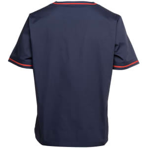Unisex scrubs top in navy blue with contrasting red stripes on the sleeves. Features a logo on the back.