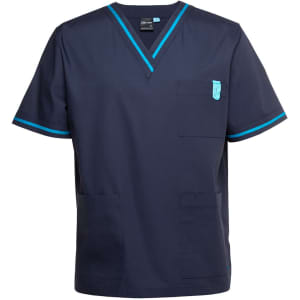 A navy unisex scrubs top featuring contrast turquoise trim and a pocket, with a logo on the chest.