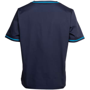 A navy unisex scrub top featuring contrast detailing on the sleeves and a simple, plain back design.