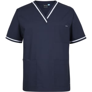 Navy unisex scrub top featuring a V-neck, contrast trim, and multiple pockets. Includes a logo on the chest.