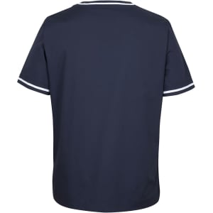 A navy unisex scrub top with contrasting white stripes on the sleeves and a simple design. It includes a logo.