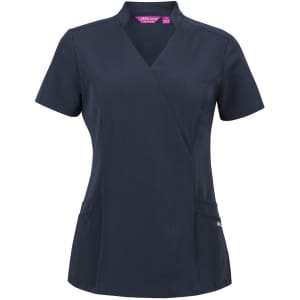 A navy scrub top with a nu mandarin collar and short sleeves, featuring two front pockets and a logo.