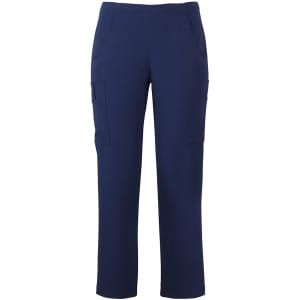 Navy cargo pants with pockets, featuring a relaxed fit and a logo on the side. Ideal for casual or workwear settings.