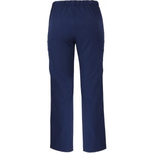 A pair of navy blue cargo pants featuring an elastic waistband and side pockets, with a logo visible.