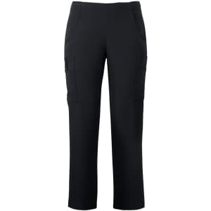 A pair of black cargo pants featuring side pockets and a comfortable fit. Includes a logo on the waistband.